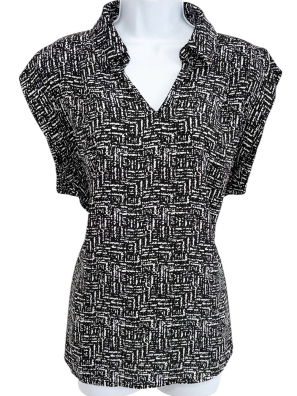 PLEIONE Black White Patterned Blouse Relaxed Fit Collared Top Large Workwear
